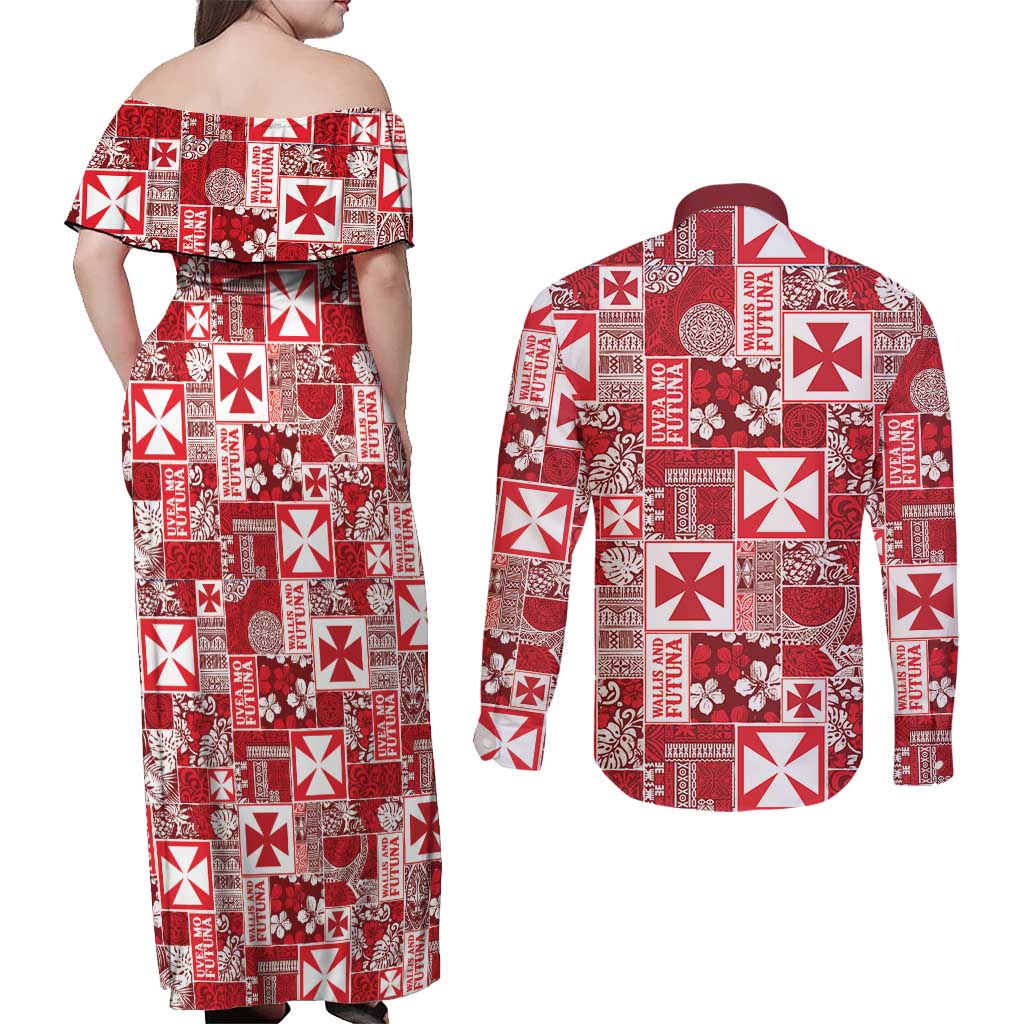 Wallis Et Futuna Kilisimasi Fiefia Couples Matching Off Shoulder Maxi Dress and Long Sleeve Button Shirt Pacific Patchwork Xmas Vibes - Polynesian Pride