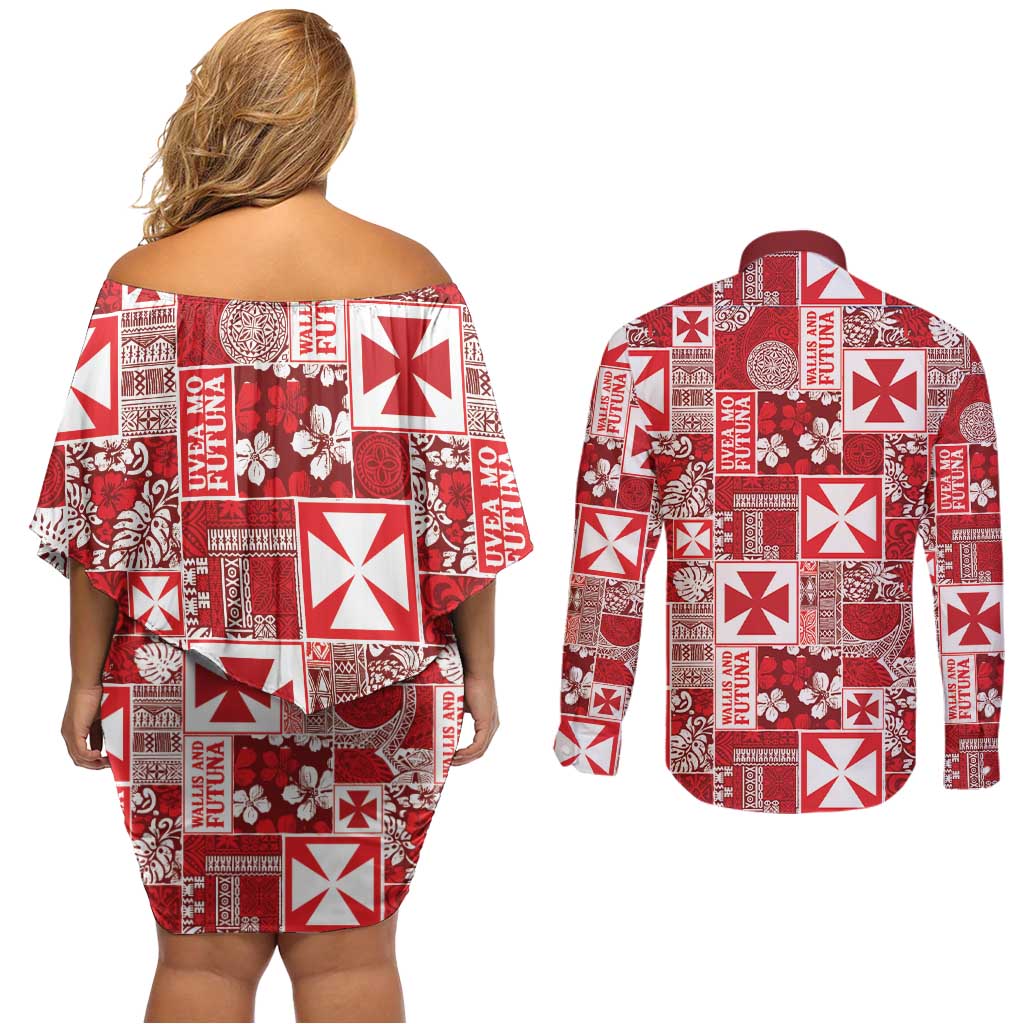 Wallis Et Futuna Kilisimasi Fiefia Couples Matching Off Shoulder Short Dress and Long Sleeve Button Shirt Pacific Patchwork Xmas Vibes - Polynesian Pride