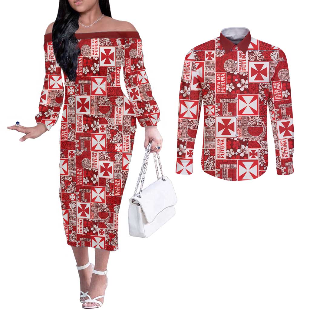Wallis Et Futuna Kilisimasi Fiefia Couples Matching Off The Shoulder Long Sleeve Dress and Long Sleeve Button Shirt Pacific Patchwork Xmas Vibes - Polynesian Pride