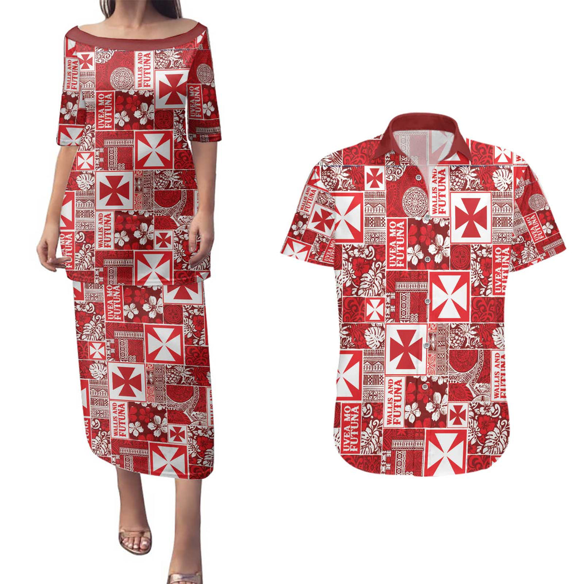 Wallis Et Futuna Kilisimasi Fiefia Couples Matching Puletasi and Hawaiian Shirt Pacific Patchwork Xmas Vibes - Polynesian Pride