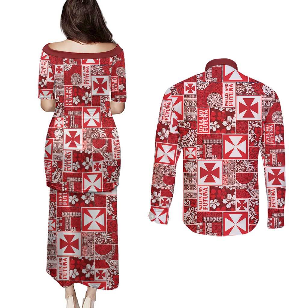 Wallis Et Futuna Kilisimasi Fiefia Couples Matching Puletasi and Long Sleeve Button Shirt Pacific Patchwork Xmas Vibes - Polynesian Pride