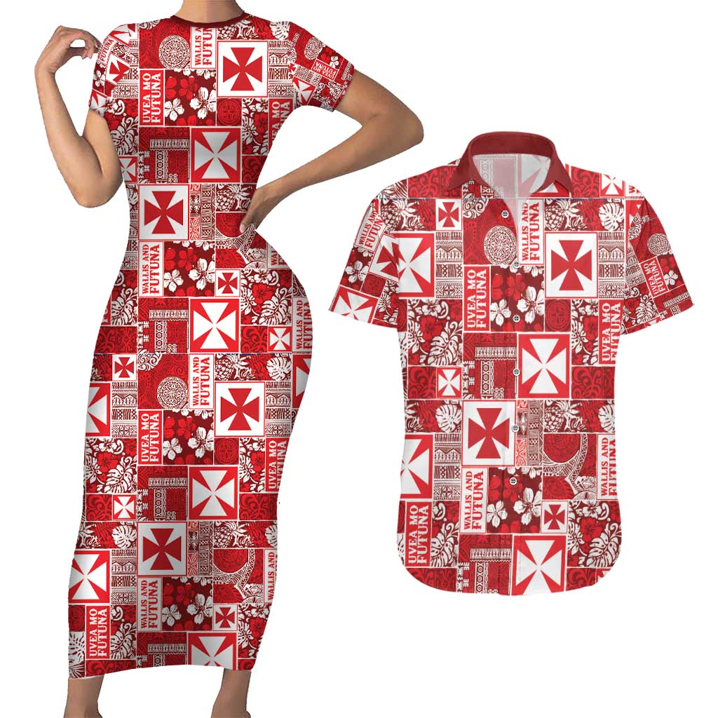 Wallis Et Futuna Kilisimasi Fiefia Couples Matching Short Sleeve Bodycon Dress and Hawaiian Shirt Pacific Patchwork Xmas Vibes - Polynesian Pride