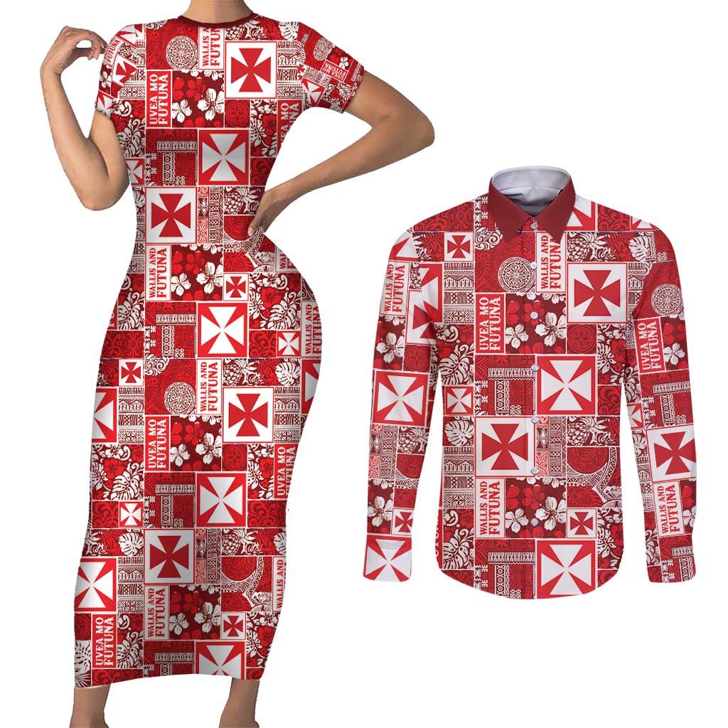 Wallis Et Futuna Kilisimasi Fiefia Couples Matching Short Sleeve Bodycon Dress and Long Sleeve Button Shirt Pacific Patchwork Xmas Vibes - Polynesian Pride