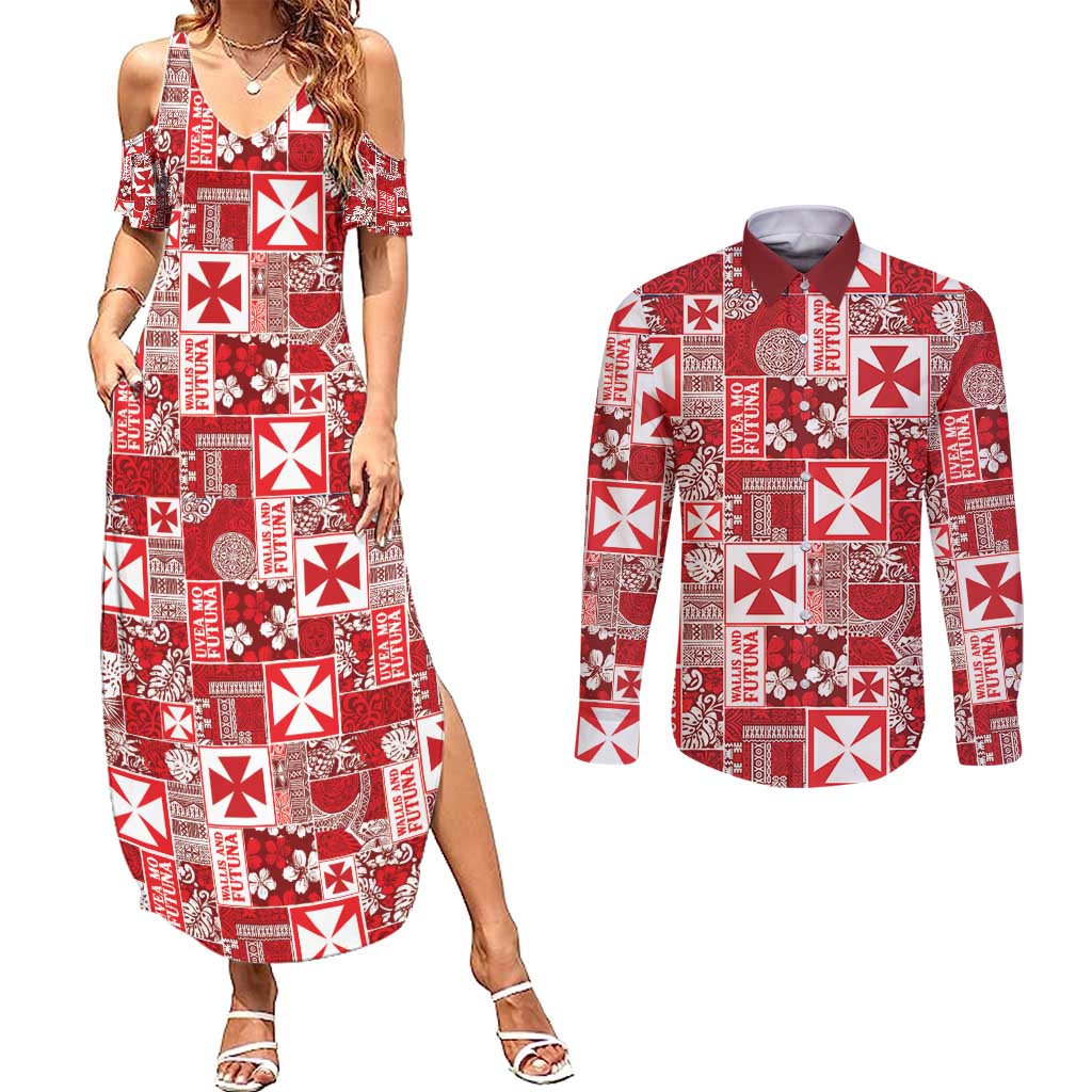 Wallis Et Futuna Kilisimasi Fiefia Couples Matching Summer Maxi Dress and Long Sleeve Button Shirt Pacific Patchwork Xmas Vibes - Polynesian Pride