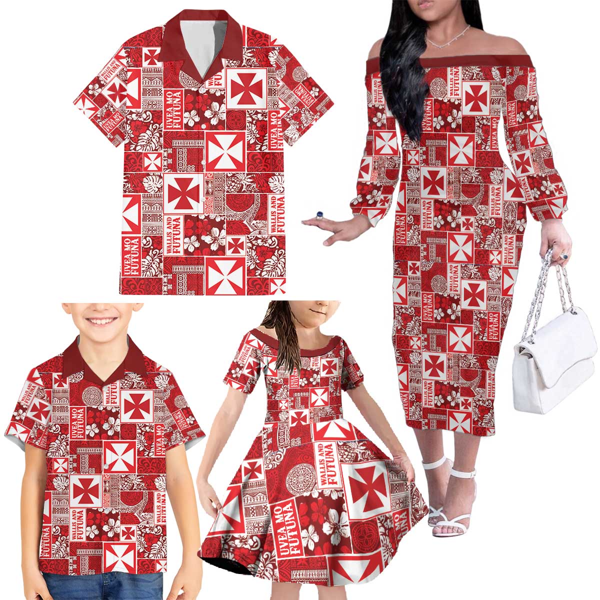 Wallis Et Futuna Kilisimasi Fiefia Family Matching Off The Shoulder Long Sleeve Dress and Hawaiian Shirt Pacific Patchwork Xmas Vibes - Polynesian Pride