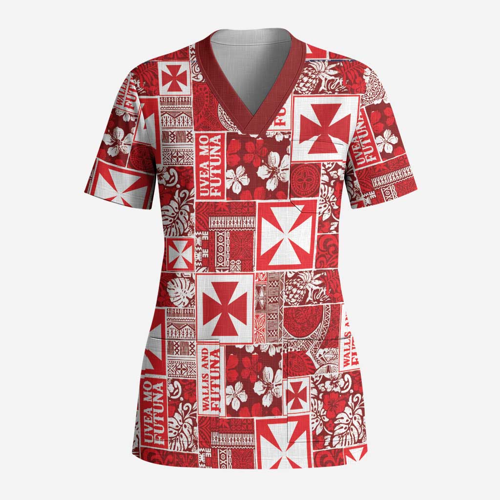 Wallis Et Futuna Kilisimasi Fiefia Scrub Top Pacific Patchwork Xmas Vibes - Polynesian Pride