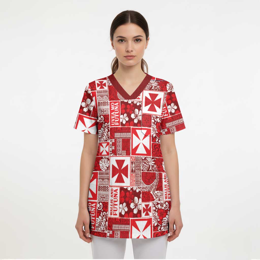 Wallis Et Futuna Kilisimasi Fiefia Scrub Top Pacific Patchwork Xmas Vibes - Polynesian Pride