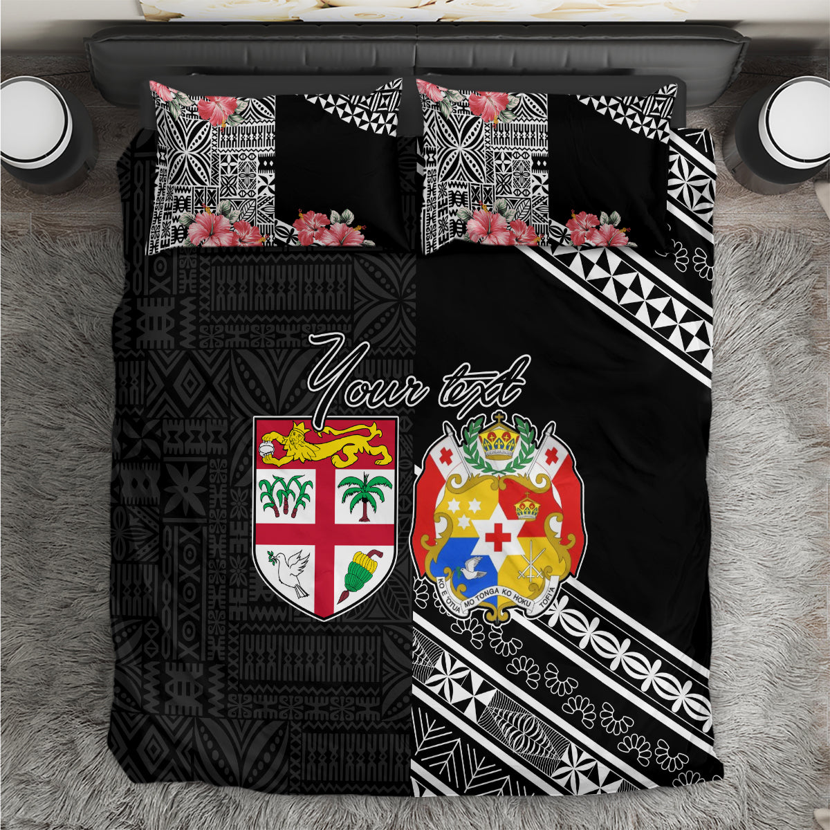 Fiji Tonga Coat of Arm Personalised Bedding Set With Masi Tapa and Tongan Ngatu Together LT9 Black - Polynesian Pride