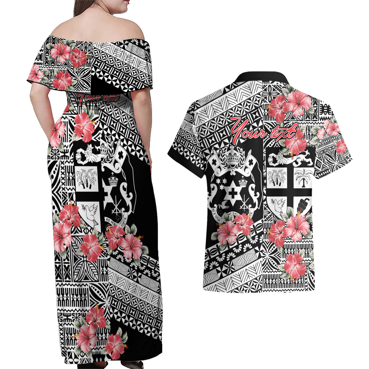 Fiji Tonga Coat of Arm Personalised Couples Matching Off Shoulder Maxi Dress and Hawaiian Shirt With Masi Tapa and Tongan Ngatu Together LT9 - Polynesian Pride