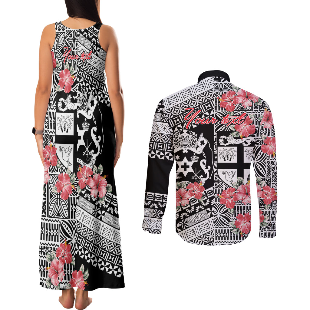 Fiji Tonga Coat of Arm Personalised Couples Matching Tank Maxi Dress and Long Sleeve Button Shirt With Masi Tapa and Tongan Ngatu Together LT9 - Polynesian Pride