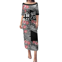 Fiji Tonga Coat of Arm Personalised Family Matching Puletasi and Hawaiian Shirt With Masi Tapa and Tongan Ngatu Together LT9 Mom's Dress Black - Polynesian Pride