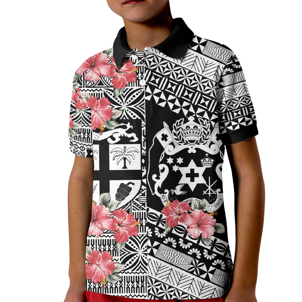 Fiji Tonga Coat of Arm Personalised Kid Polo Shirt With Masi Tapa and Tongan Ngatu Together LT9 Kid Black - Polynesian Pride