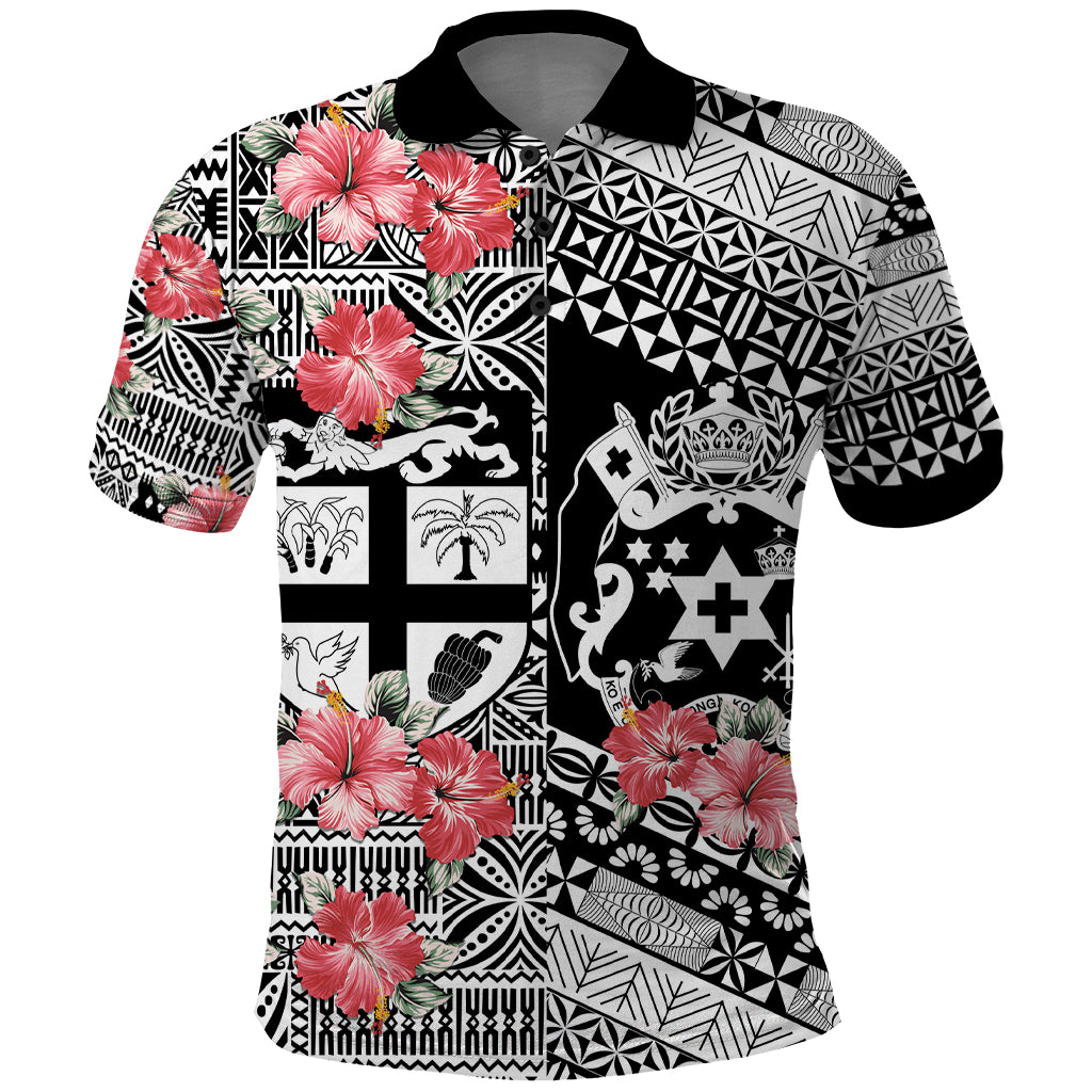 Fiji Tonga Coat of Arm Personalised Polo Shirt With Masi Tapa and Tongan Ngatu Together LT9 Black - Polynesian Pride