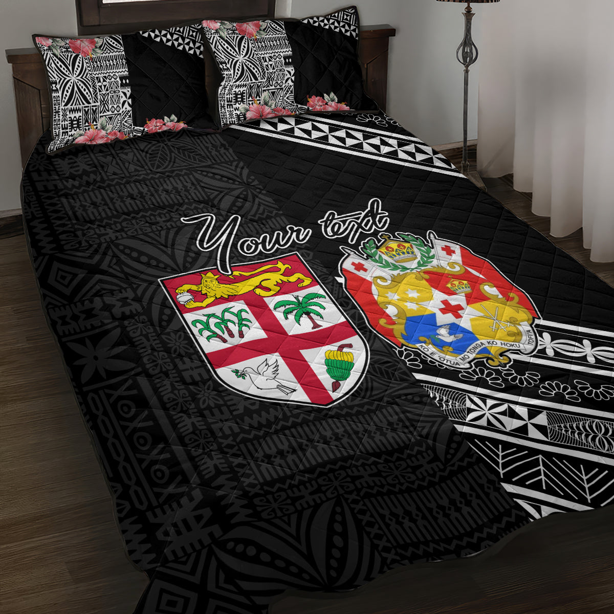 Fiji Tonga Coat of Arm Personalised Quilt Bed Set With Masi Tapa and Tongan Ngatu Together LT9 Black - Polynesian Pride