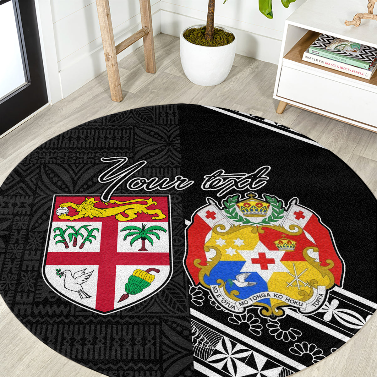 Fiji Tonga Coat of Arm Personalised Round Carpet With Masi Tapa and Tongan Ngatu Together LT9 Black - Polynesian Pride
