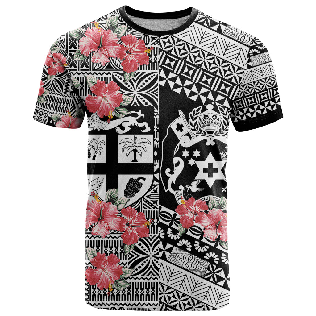Fiji Tonga Coat of Arm Personalised T Shirt With Masi Tapa and Tongan Ngatu Together LT9 Black - Polynesian Pride