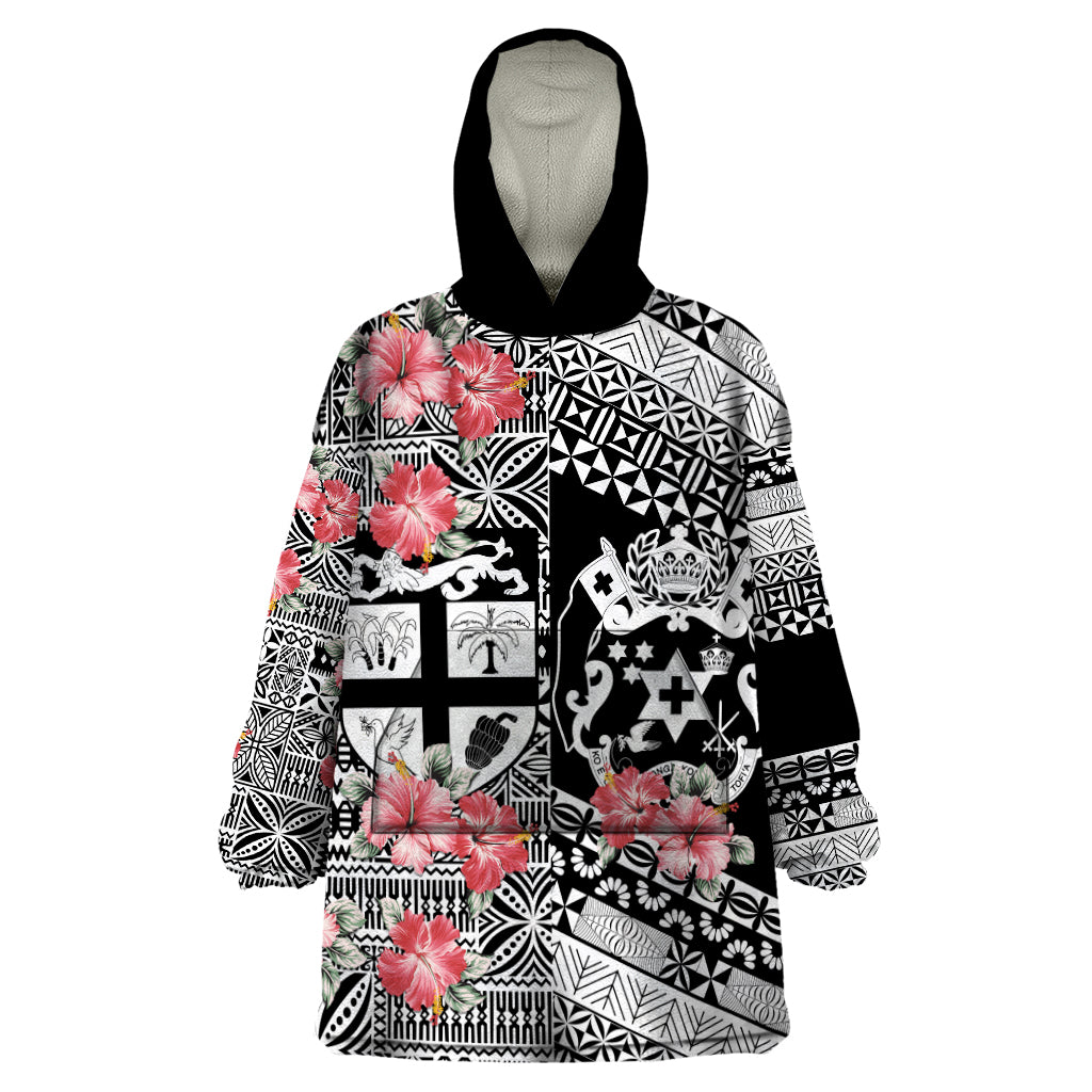 Fiji Tonga Coat of Arm Personalised Wearable Blanket Hoodie With Masi Tapa and Tongan Ngatu Together LT9 One Size Black - Polynesian Pride