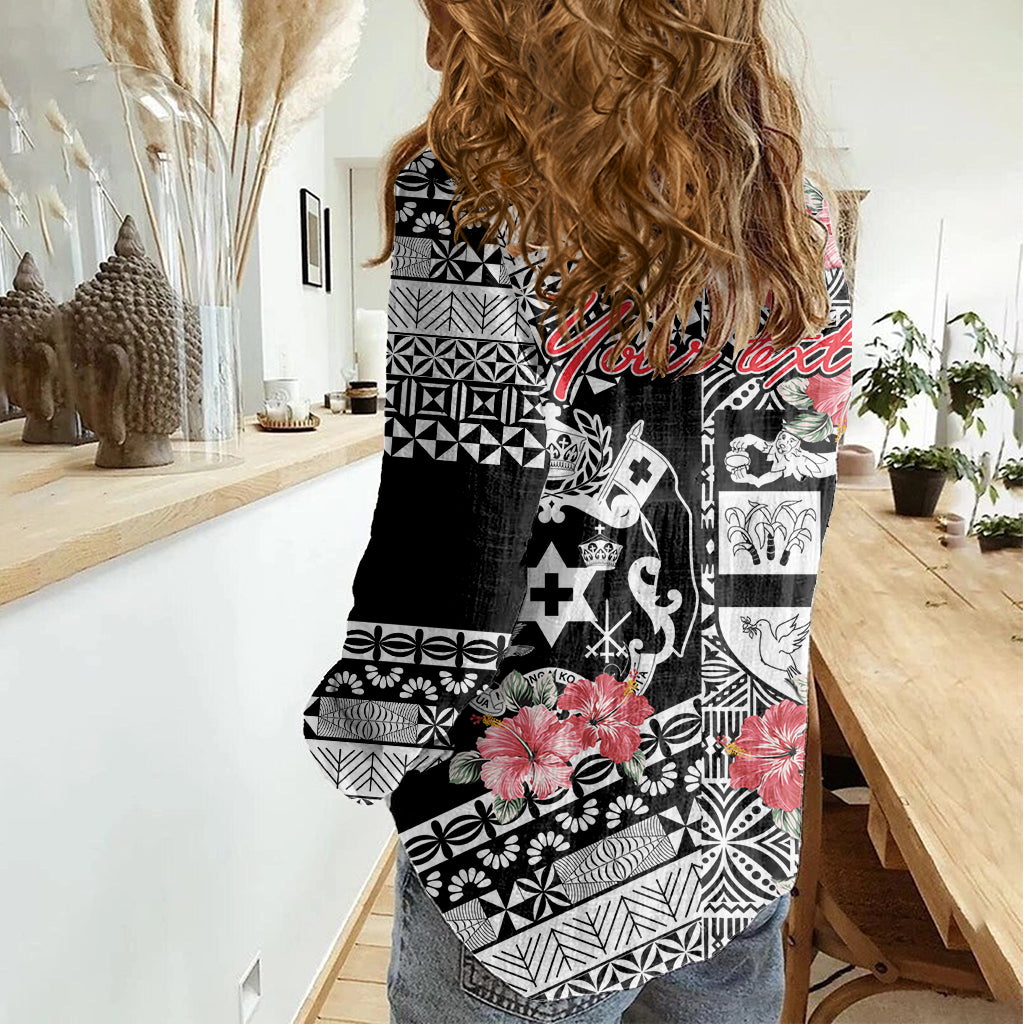 Fiji Tonga Coat of Arm Personalised Women Casual Shirt With Masi Tapa and Tongan Ngatu Together LT9 - Polynesian Pride