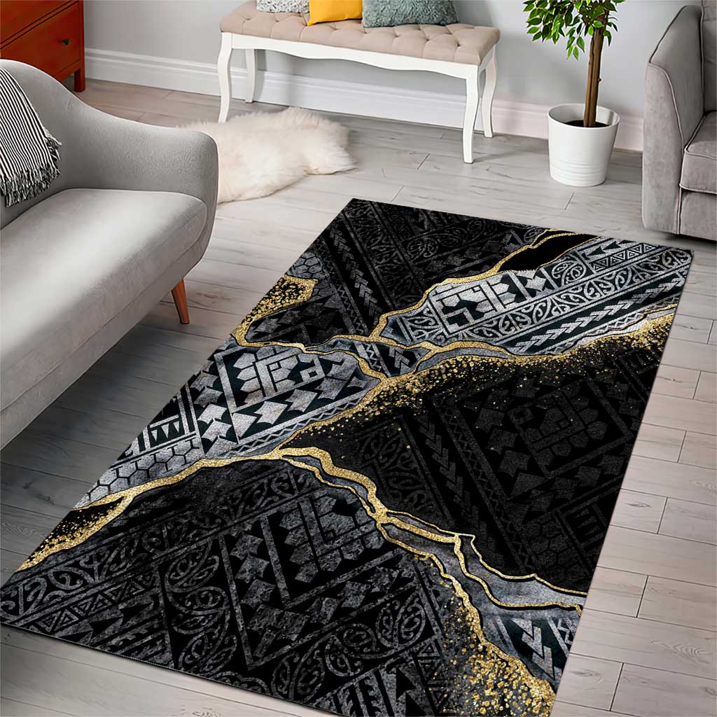 Polynesian Tribal Tattoo Area Rug Dark Marble Pattern
