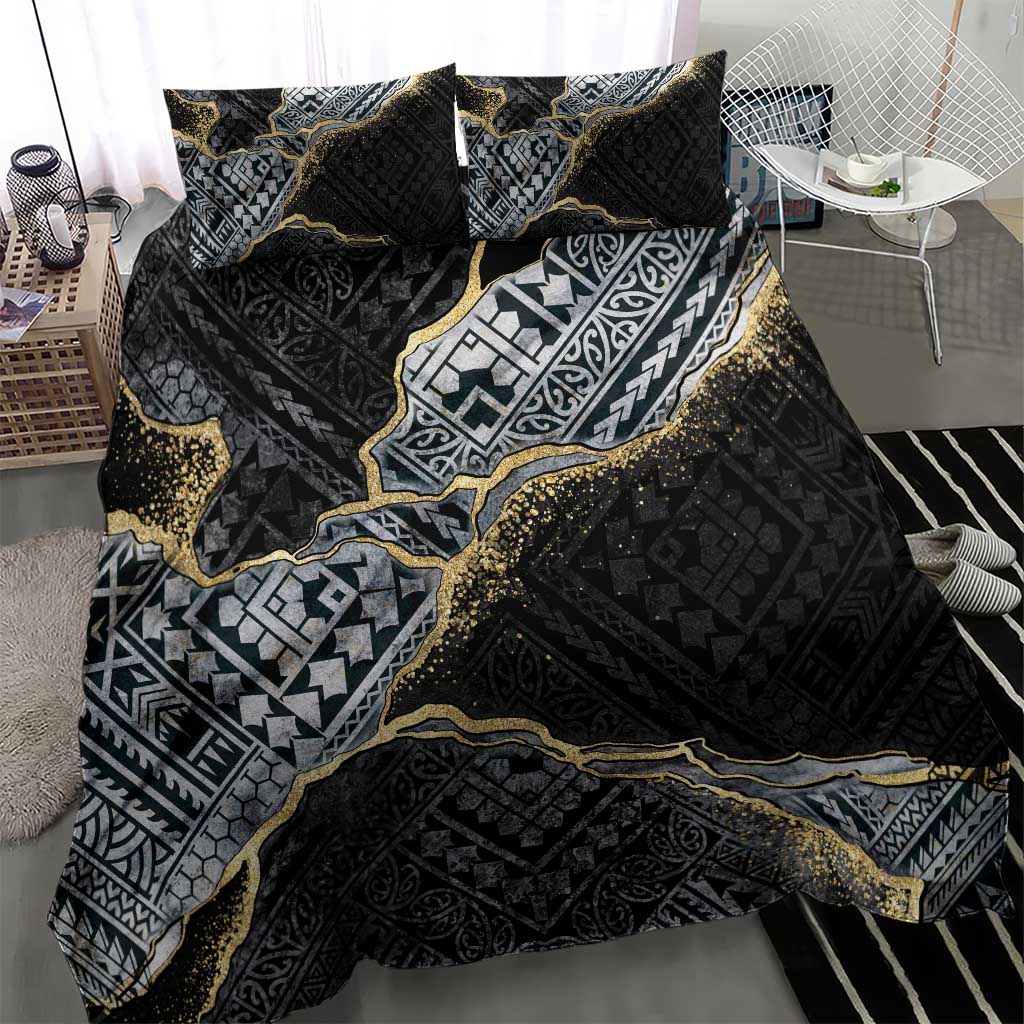 Polynesian Tribal Tattoo Bedding Set Dark Marble Pattern
