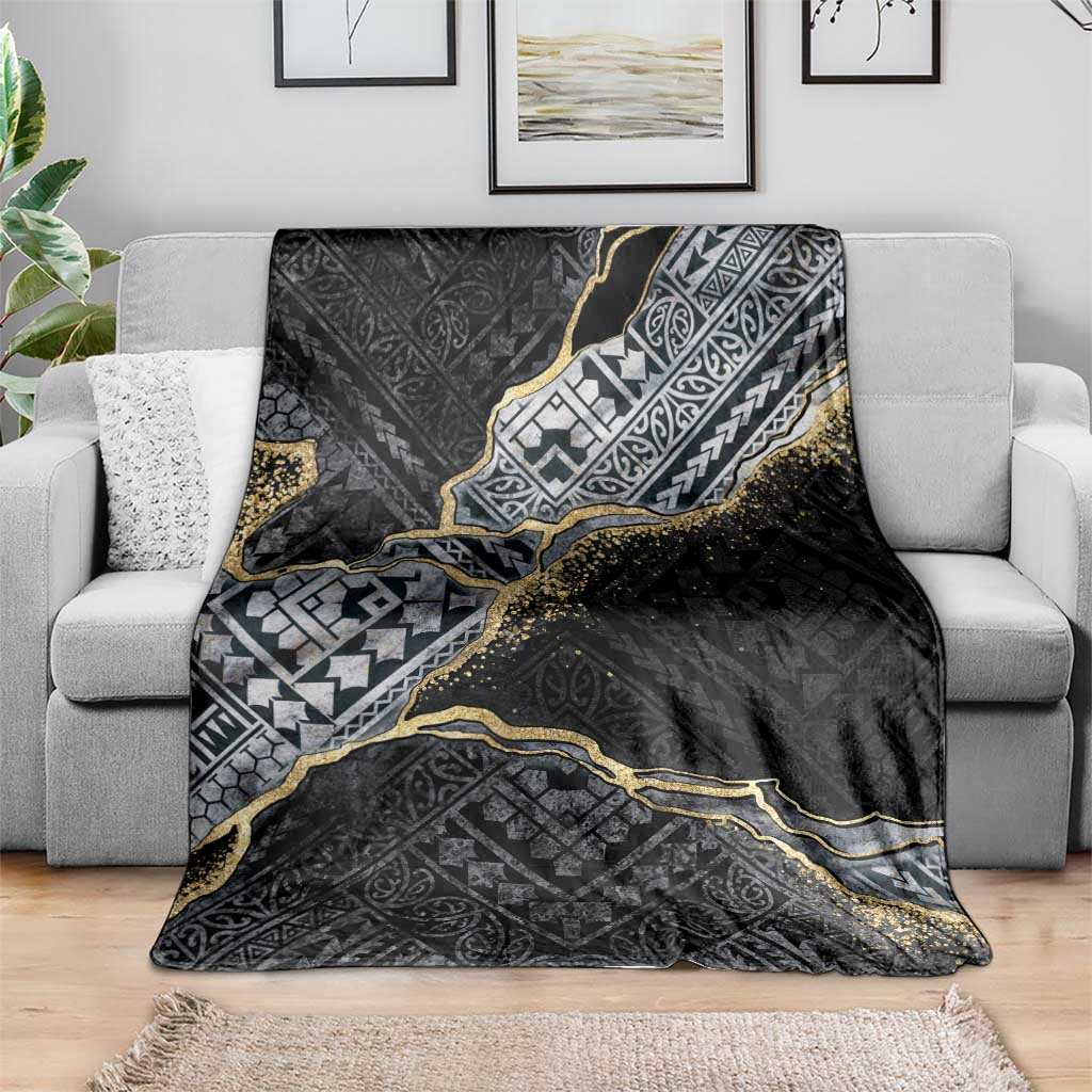 Polynesian Tribal Tattoo Blanket Dark Marble Pattern