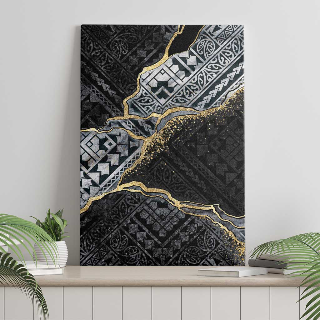 Polynesian Tribal Tattoo Canvas Wall Art Dark Marble Pattern