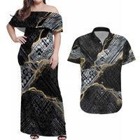 Polynesian Tribal Tattoo Couples Matching Off Shoulder Maxi Dress and Hawaiian Shirt Dark Marble Pattern