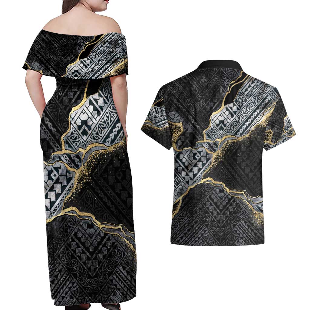 Polynesian Tribal Tattoo Couples Matching Off Shoulder Maxi Dress and Hawaiian Shirt Dark Marble Pattern