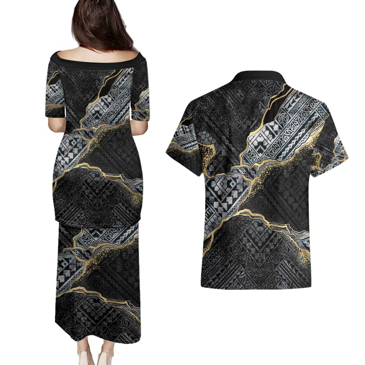 Polynesian Tribal Tattoo Couples Matching Puletasi and Hawaiian Shirt Dark Marble Pattern