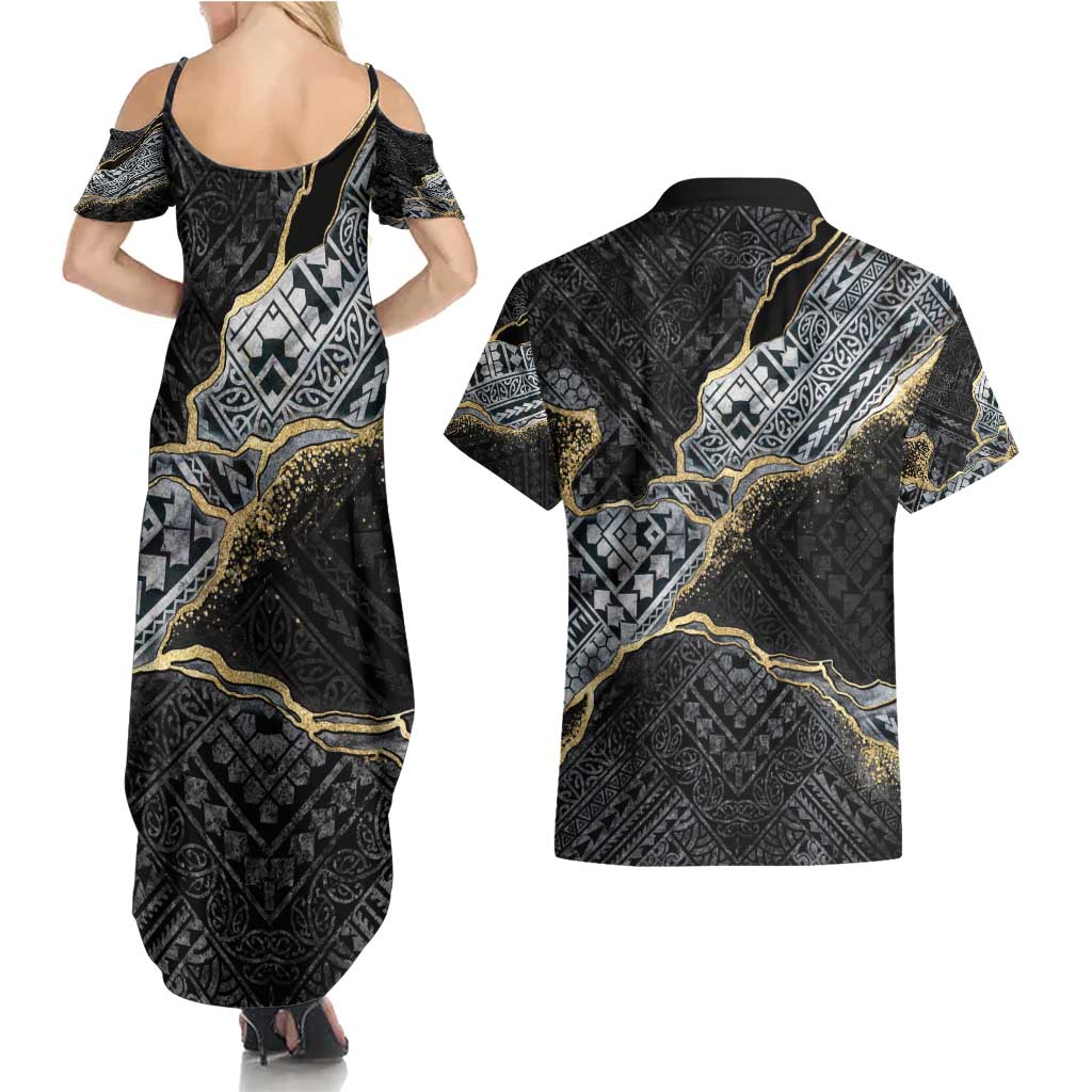 Polynesian Tribal Tattoo Couples Matching Summer Maxi Dress and Hawaiian Shirt Dark Marble Pattern