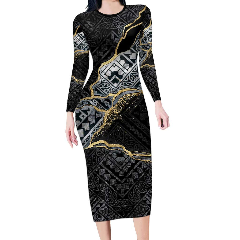 Polynesian Tribal Tattoo Family Matching Long Sleeve Bodycon Dress and Hawaiian Shirt Dark Marble Pattern