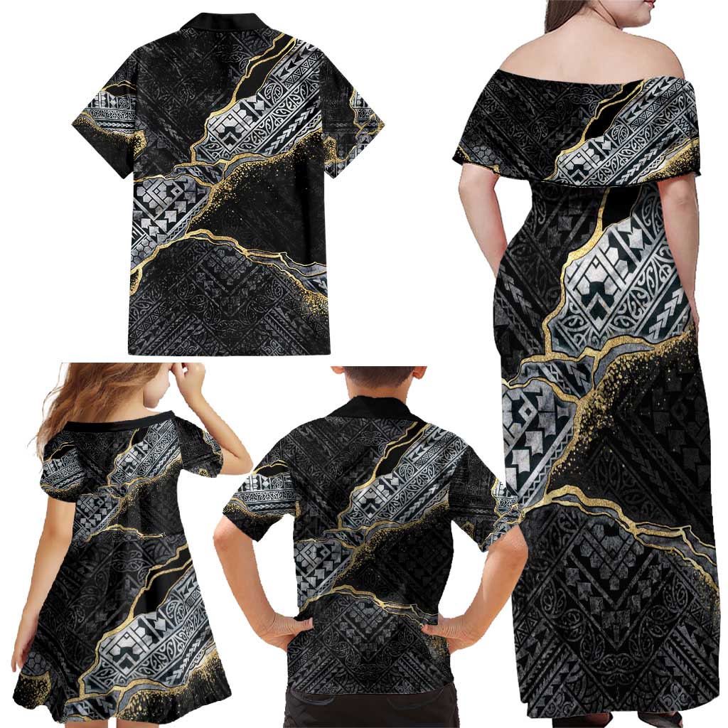 Polynesian Tribal Tattoo Family Matching Off Shoulder Maxi Dress and Hawaiian Shirt Dark Marble Pattern