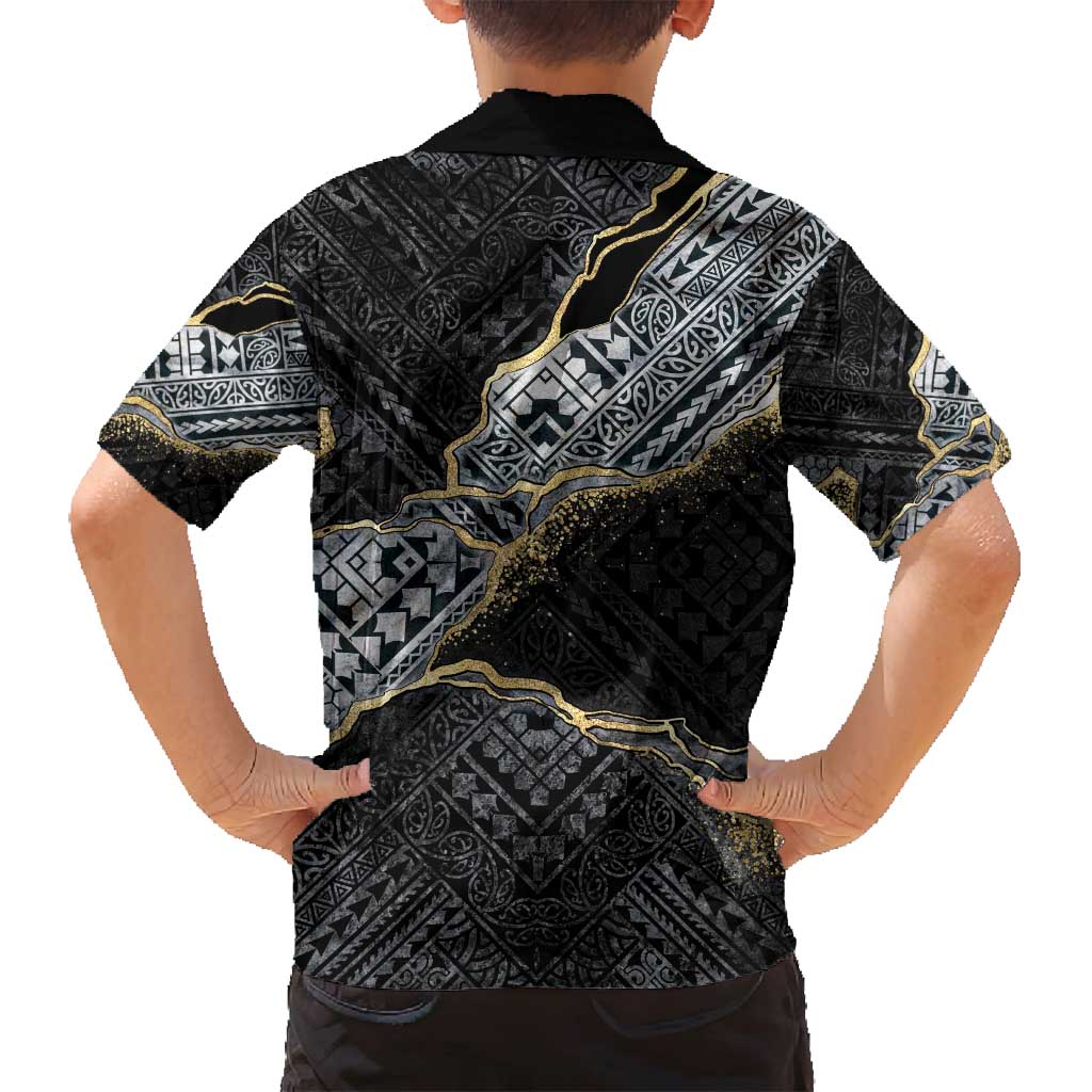 Polynesian Tribal Tattoo Family Matching Puletasi and Hawaiian Shirt Dark Marble Pattern