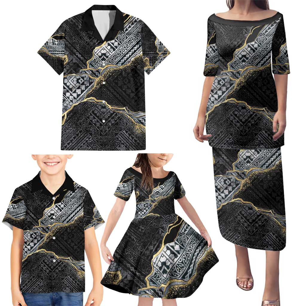 Polynesian Tribal Tattoo Family Matching Puletasi and Hawaiian Shirt Dark Marble Pattern
