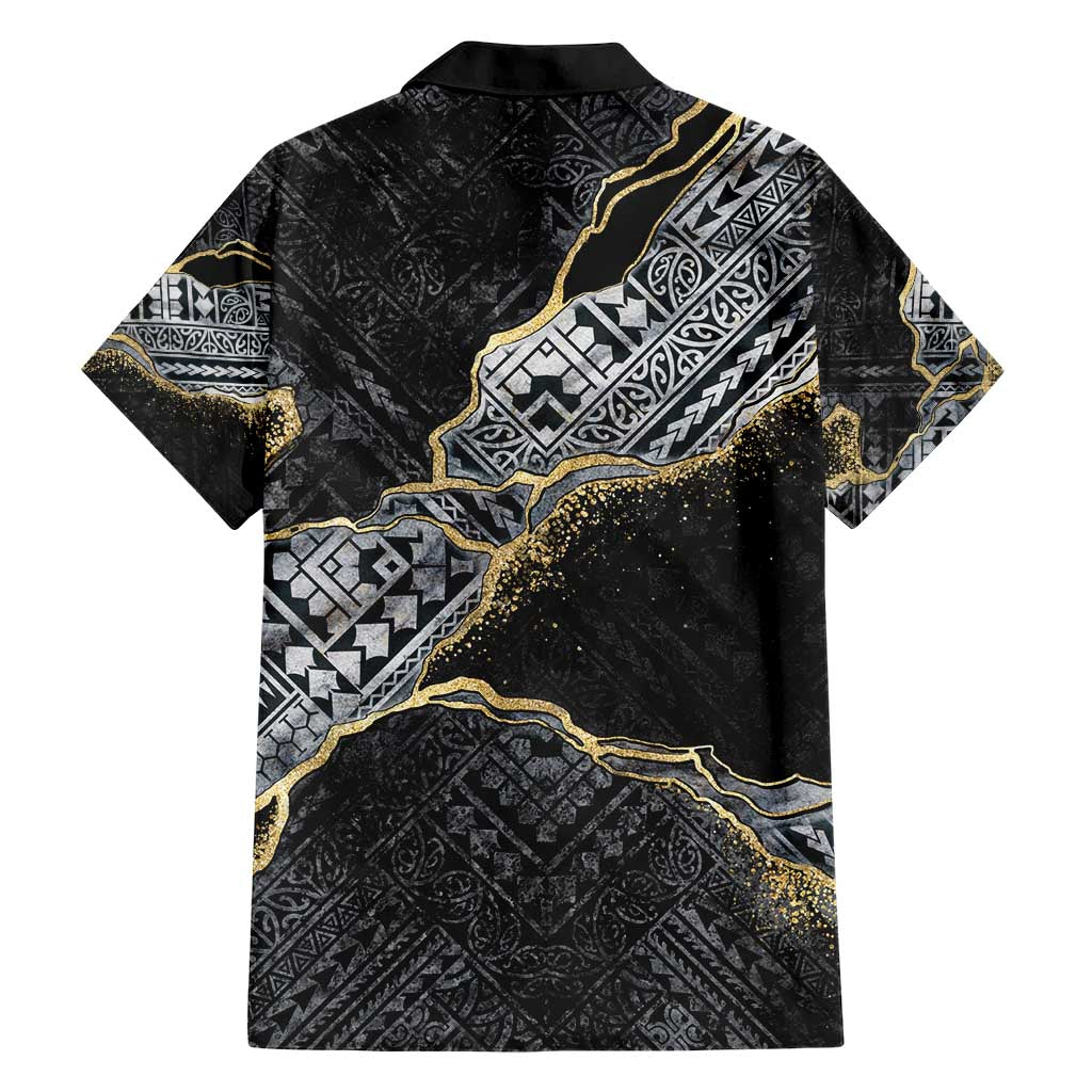 Polynesian Tribal Tattoo Family Matching Short Sleeve Bodycon Dress and Hawaiian Shirt Dark Marble Pattern