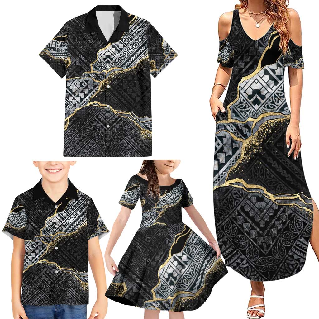 Polynesian Tribal Tattoo Family Matching Summer Maxi Dress and Hawaiian Shirt Dark Marble Pattern
