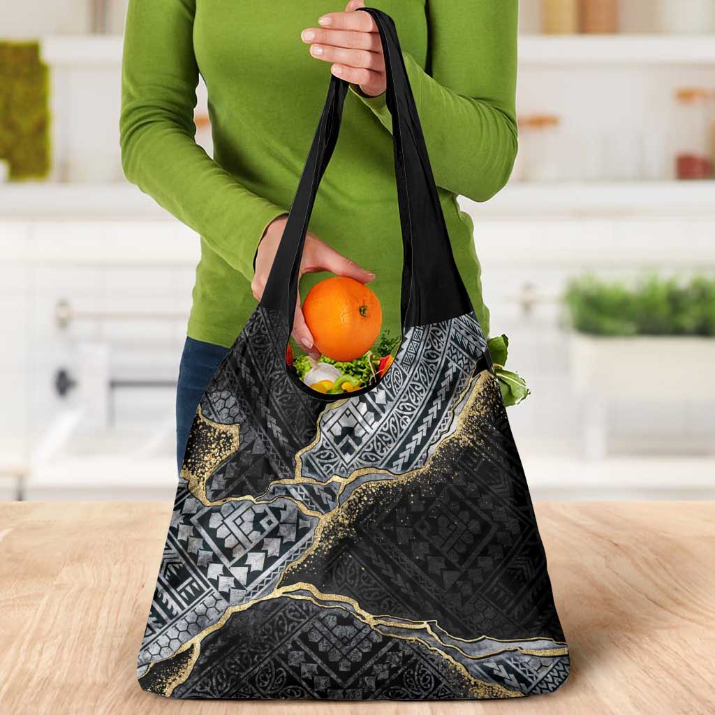 Polynesian Tribal Tattoo Grocery Bag Dark Marble Pattern