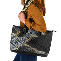 Polynesian Tribal Tattoo Leather Tote Bag Dark Marble Pattern