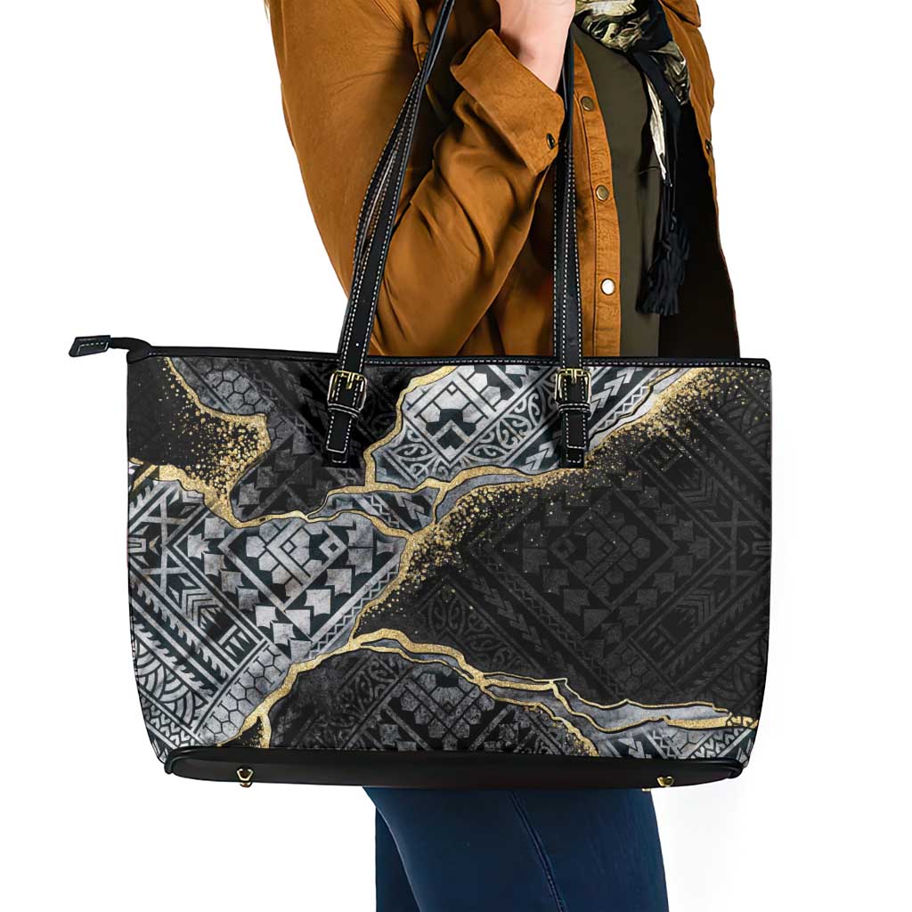 Polynesian Tribal Tattoo Leather Tote Bag Dark Marble Pattern