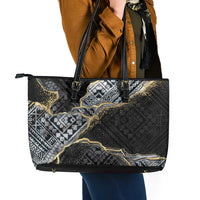 Polynesian Tribal Tattoo Leather Tote Bag Dark Marble Pattern