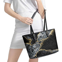 Polynesian Tribal Tattoo Leather Tote Bag Dark Marble Pattern