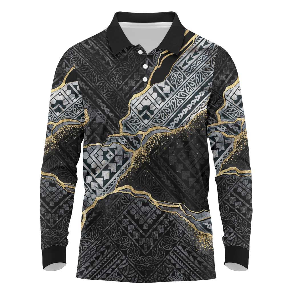 Polynesian Tribal Tattoo Long Sleeve Polo Shirt Dark Marble Pattern