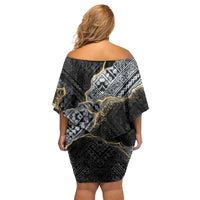 Polynesian Tribal Tattoo Off Shoulder Short Dress Dark Marble Pattern
