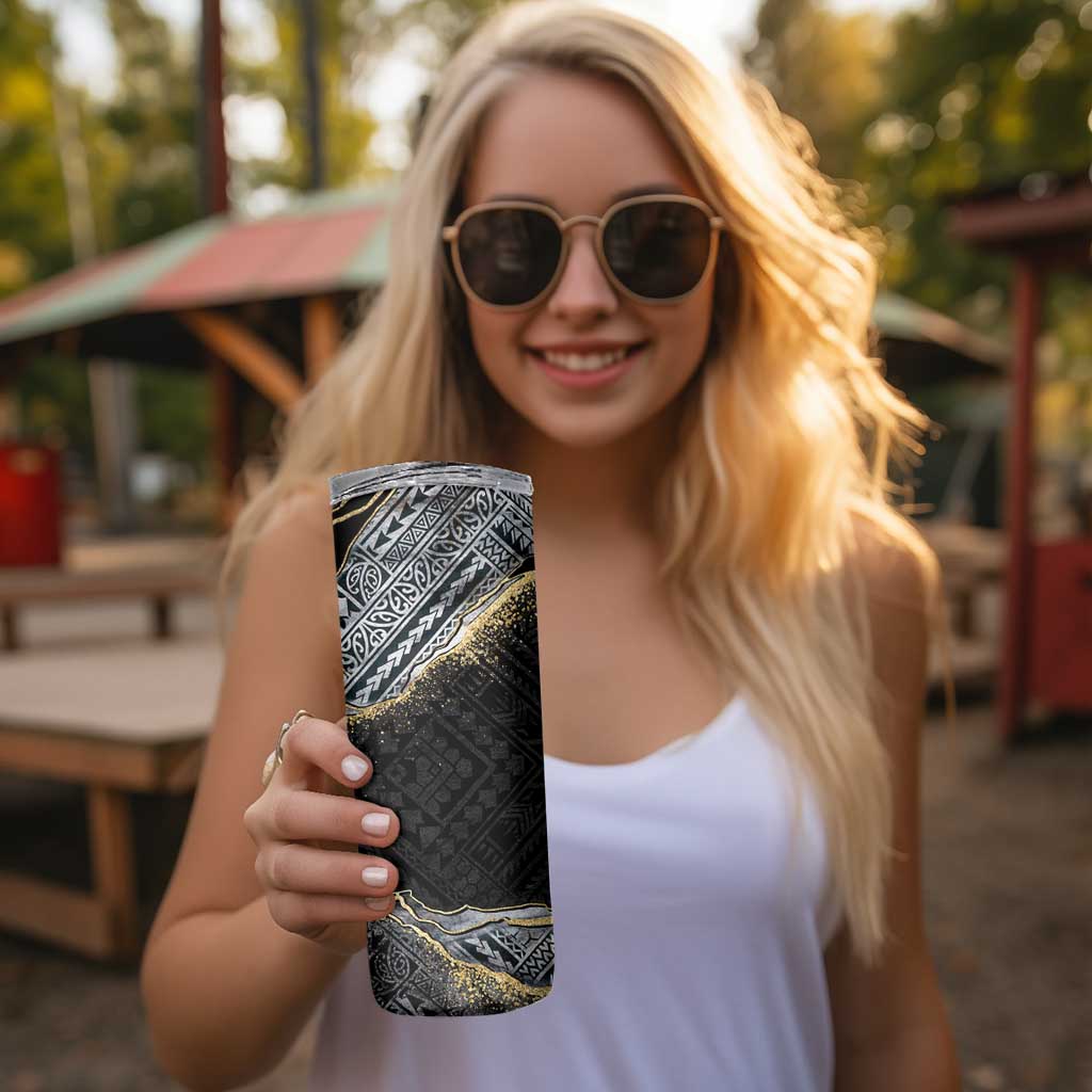 Polynesian Tribal Tattoo Skinny Tumbler Dark Marble Pattern