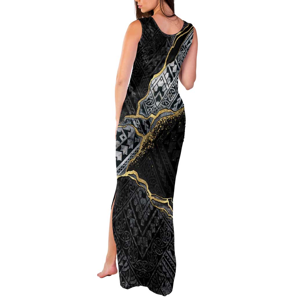 Polynesian Tribal Tattoo Tank Maxi Dress Dark Marble Pattern