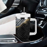 Polynesian Tribal Tattoo Tumbler With Handle Dark Marble Pattern