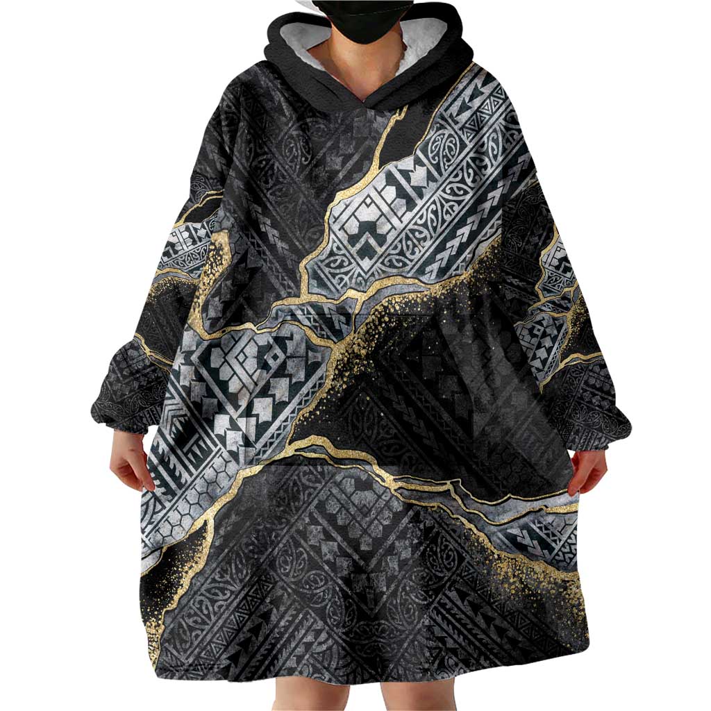 Polynesian Tribal Tattoo Wearable Blanket Hoodie Dark Marble Pattern