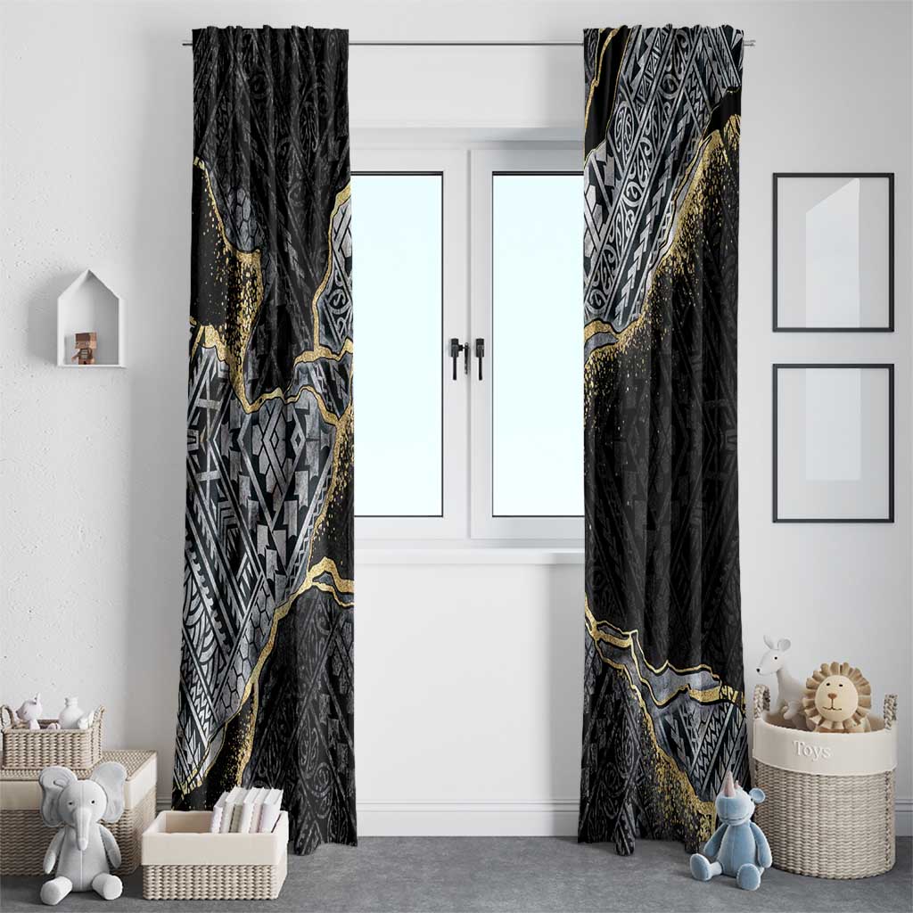 Polynesian Tribal Tattoo Window Curtain Dark Marble Pattern