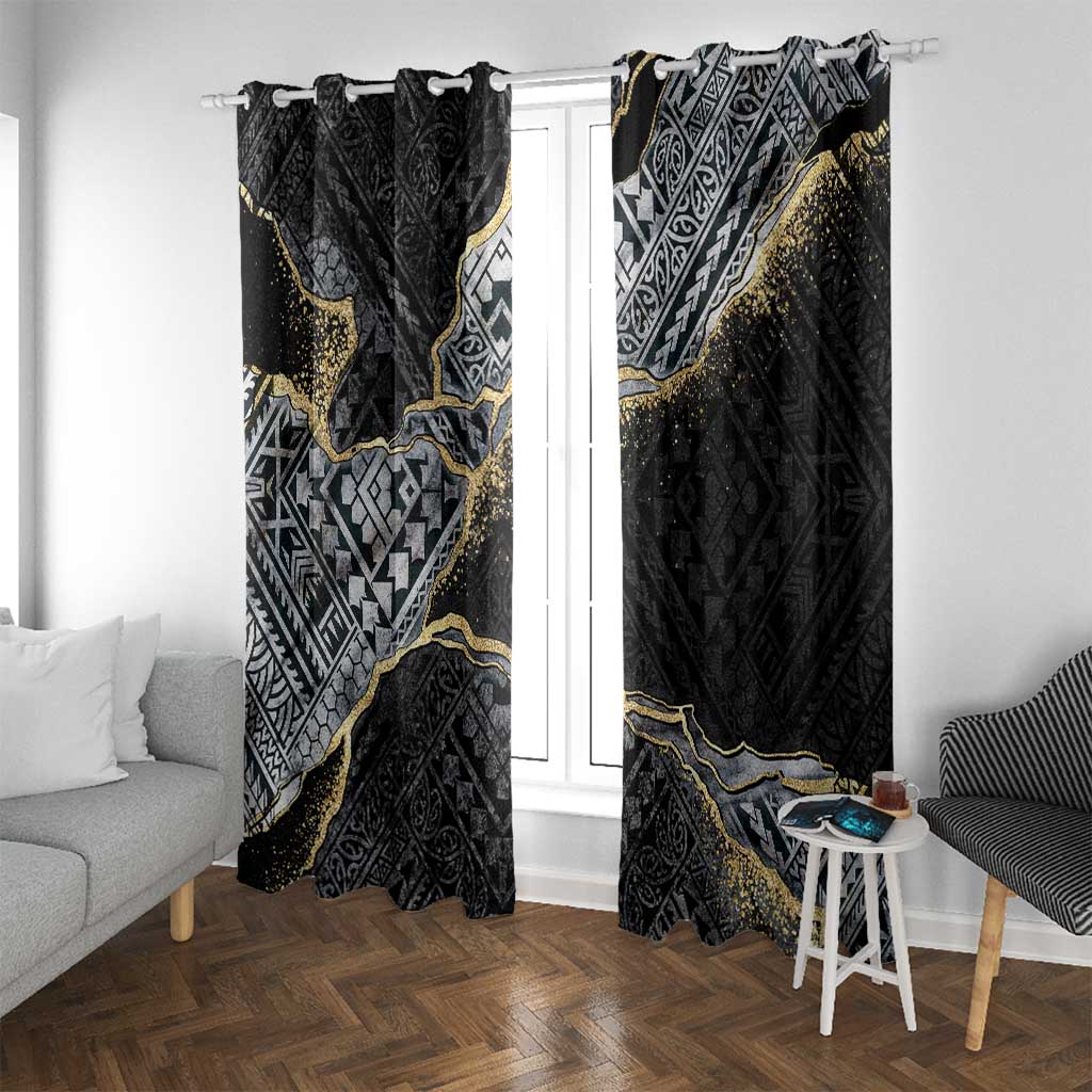 Polynesian Tribal Tattoo Window Curtain Dark Marble Pattern