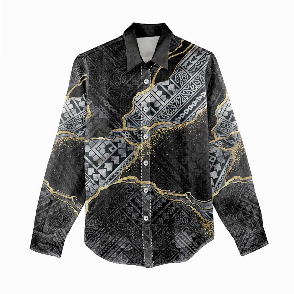 Polynesian Tribal Tattoo Women Casual Shirt Dark Marble Pattern